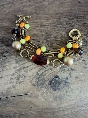 Gold-Tone Multicolor Bead Statement Bracelet - Yellow & Orange Accents